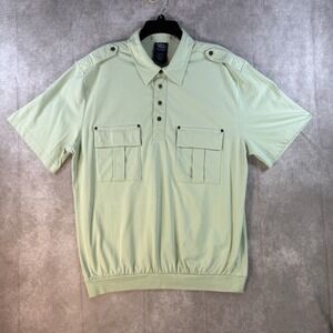 VTG 80s John Blair Shirt Men‎ XLG Green Banded Hem Short Sleeve Pockets Grandpa